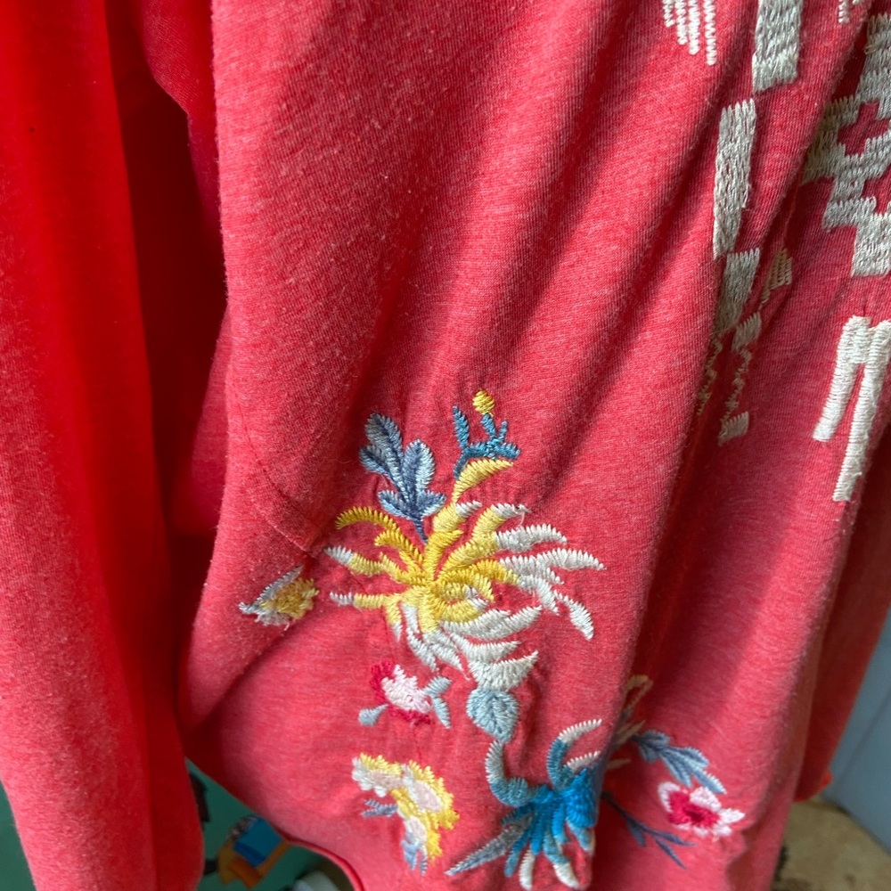 Johnny Was Pink/Coral Batik Long Sleeve Top with Geometric /Aztec theme